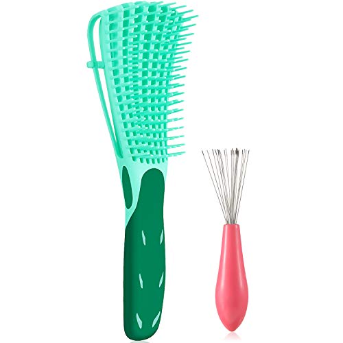 2 Pieces Detangling Brush Set with Comb Cleaner Brush, Hair Detangler Hair Brush for Afro America Textured 3a to 4c Kinky Wavy for Wet/ Dry Long Thick Curly Hair (Green, Rose Red)