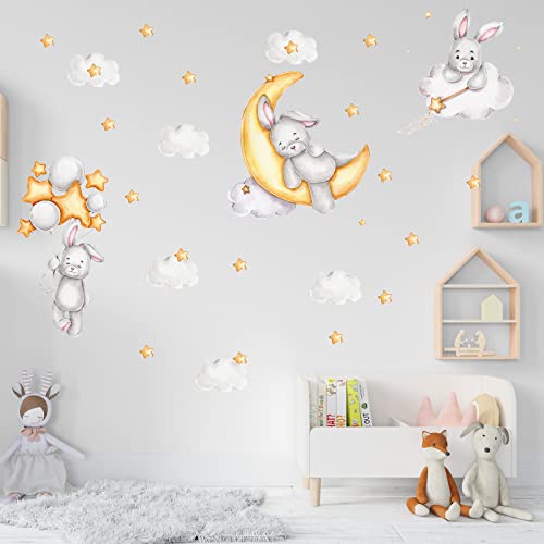 Image of Laoyello Bunny Sleeping on The Moon Wall Stickers Rabbit Stickers Cloud Moon Wall Decal Baby Boy Girls Moon and Stars Nursery Wall Decor