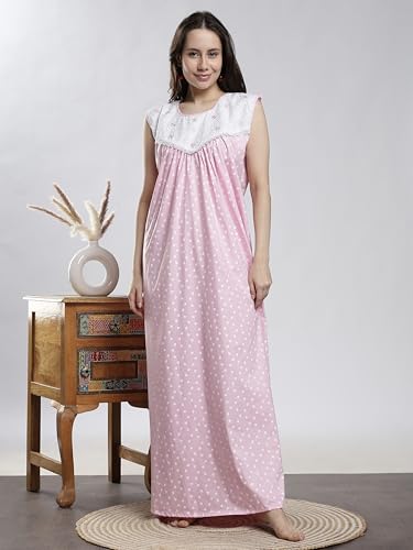 Image of 9shines Label Cotton Sleeveless Nighty | All Over Print Maxi Night wear for Women | Full Length Night Gown Night Dress for Women Stylish (Cotton Sleeveless 25)