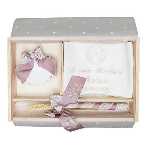 Kit de luxo personalizado para batizado, conjunto de vela, lenço e concha bordados, caixa de madeira gravada com nome e data do batismo - modelo de Paris (rosa maquilhagem)