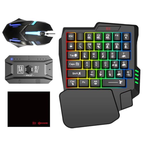 YOVDA One Handed Gaming Keyboard and Mouse Combo, with Gaming Mouse Converter, Rainbow Backlit 25 Keys Portable Small Mechanical Feel Keyboard Support Customize Button, for Android, PC Gamer