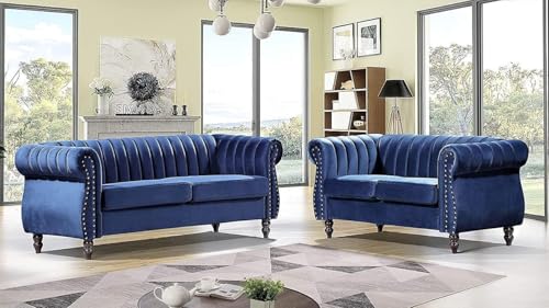 Image of Modern & Classic Chesterfield Sofa 5 Seater Sofa Velvet L-Shape Corner Sectional Button Tufted Sofa for Living Room, Dining Room, Office and Hallway-(Blue).
