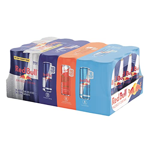 Image of Red Bull Energy Drink Variety Pack, Original, Sugar Free & Watermelon, with 80mg Caffeine plus Taurine & B Vitamins, 8.4 Fl Oz, Pack of 24 Cans