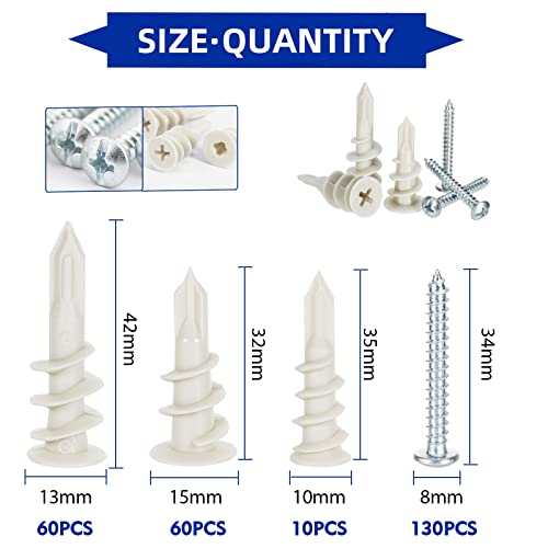 image for BUSY-CORNER 260 Pieces Nylon Plastic Drywall Anchors Self Drilling Hol