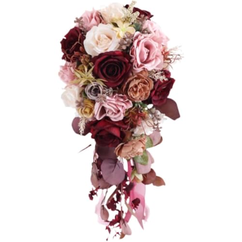 Bouquets de mariage de 53,3 cm pour demoiselle d'honneur, bouquets de mariée multicolores bordeaux pour mariée, bouquets de fleurs artificielles pour mariage et anniversaire, bouquet cascade pour fête