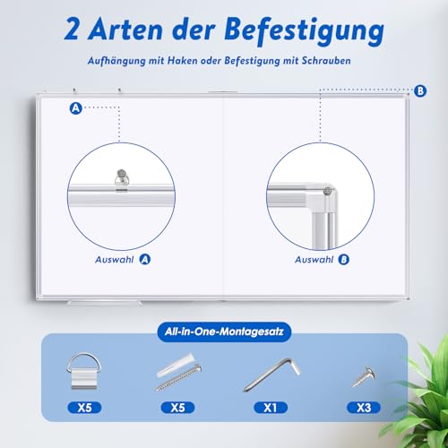 maxtek Whiteboard Magnetisch 120 x 90 cm, Magnettafel Groß mit Aluminiumrahmen und Abnehmbarem Tablett, Trocken Abwischbar Beidseitig Beschreibbar Pinnwand Magnetisch, Geeignet für Büro, Schule, Haus