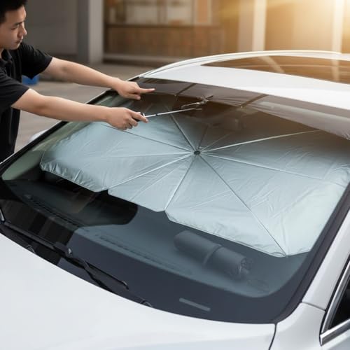 Image of Sulfar Car Sun Shade,for Car Front Windshield, Umbrella Sun Shade Cover, Foldable UV Reflector and Heat, Sunshade for Cars, Fits Most Vans SUVS (57 x 31 in)