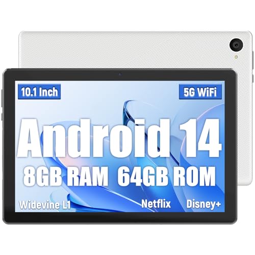 Whitedeer Tablet 10 Pulgadas Android Tablet 8GB RAM + 64GB ROM (hasta 1TB TF), Pantalla IPS HD 1280x800, Cámara Dual 8MP + 5MP, Batería 5000mAh, WiFi 6+BT5.4, GMS Widevine L1, Face ID, Blanco