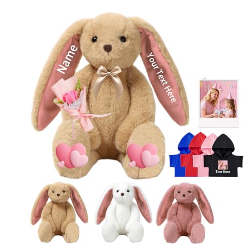 DRAJOIN Animal en Peluche Lapin Personnalisé, Personalized Stuffed Bunny avec Photo Texte comme Cadeau Personnalisé Lapin en Peluche pour Adulte Enfants Premier Cadeau de Pâques, 25 cm