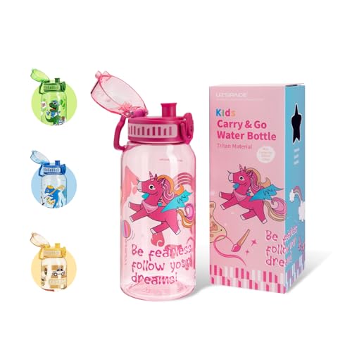 UZSPACE Botella de Agua para Niños 600ml, A Prueba de Fugas, Apertura de un Clic, Botella Agua Bebé Sin BPA Duradera, Cantimplora Infantil con Asa para Colegio, Niños y Niñas (Unicornio Rosa)