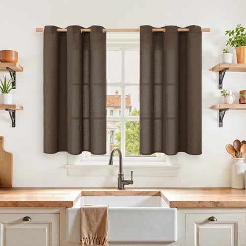 YoungsTex Brown Linen Curtains 40 Inch Length, Short Drapes Light Filtering Semi Sheer with Grommet for Kitchen Bathroom Window, 42 x 40 Inch, 2 Panels