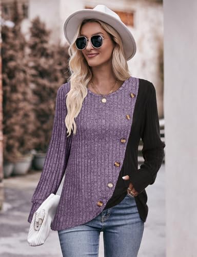 Ladies Jumpers Casual Crew Neck Tops Womens Long Sleeve Tops Buttons Side Tunic Sweatshirts Pullover Lightweight Sweaters Spring Autumn Winter Clothes S-3XL - Image 4