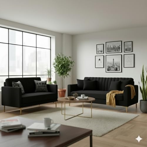 Image of 3+2 Seater Velum Fabric Sofa Set for Living Room, Modern Design with High Density Foam, Solid Wood Frame, Ergonomic Comfortable Seating for Home & Office (Black, 3+2 Seater) | Soft foam comfort, Strong wood frame