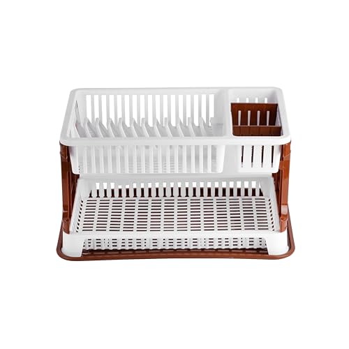 Royalford DryZone 2-Layer Dish Rack RF13041 Organizer for Kitchen for Plates Bowls Cutlery Cups 12 Plates Plastic Drying Stand with Drainer Board Assorted Colors