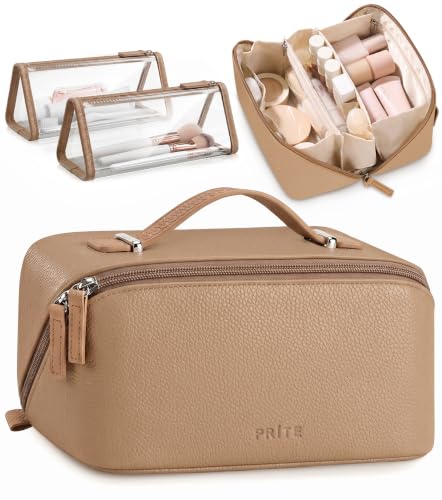 Prite 3 Pcs Travel Makeup Bag Set for Women with 2 Clear TPU Pouches, Brown