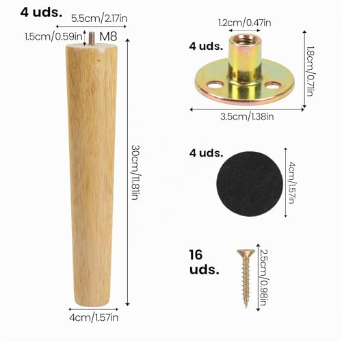 Patas de madera de 30cm para sofá y mesas que elevan tus muebles con máxima estabilidad 3
