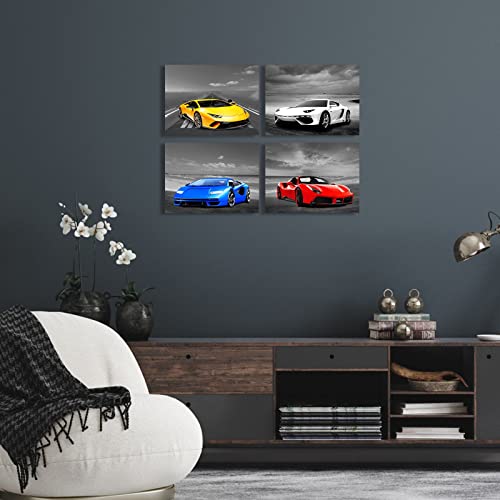 Ypy Sports Car Canvas Wall Art: Colorful Supercar By The Beach Picture - Black And White Themed Poster - Decorative Gift For Man, Teens And Boys Bedroom Decor 12X16 Inch #TOP4