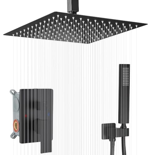 JingGang 12 Inch Ceiling Mount Matte Black Shower System Bathroom