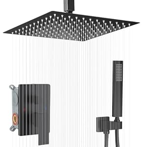 12 Inch Ceiling Mount Matte Black Shower System Bathroom Luxury Rain Mixer Shower Combo Set Ceiling Rainfall Shower Head System (Contain Shower Faucet Rough-in Valve Body and Trim)