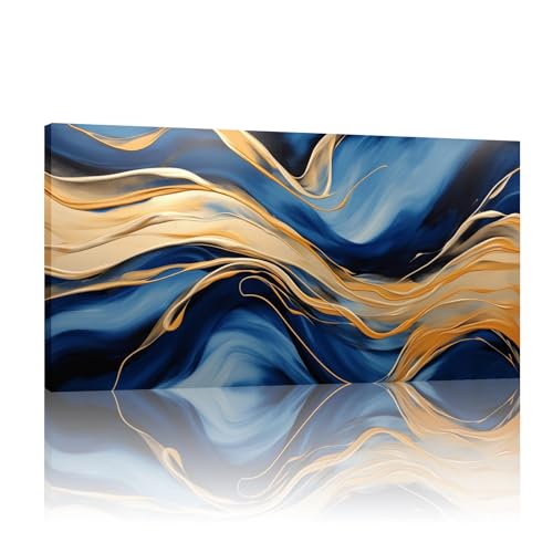 Peinture abstraite images bleu et or : toile moderne grand format 80x160