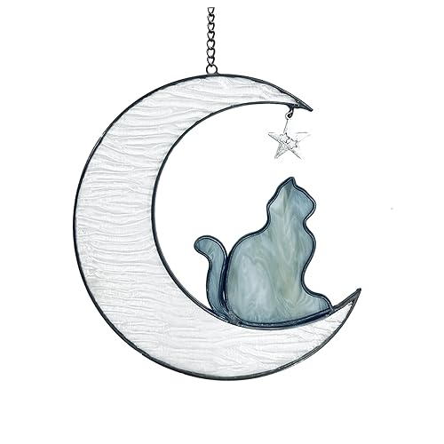 Cat Memorial Gifts Ornament, Cat on Moon Stained Glass Window Hanging, Cat Suncatcher Decor, Pet Memorial Gifts for Cat, Cat Themed Gifts for Cat Lovers, Cat Remembrance Gifts for Women, Mom