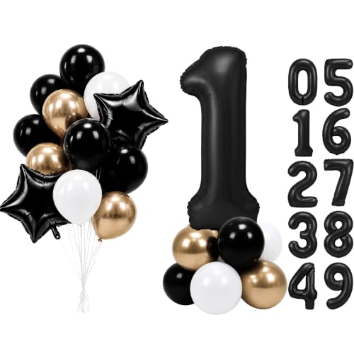 Image of PartyWoo Black Number 1 Balloon 40 Inch 25pcs Black Foil Star White Gold
