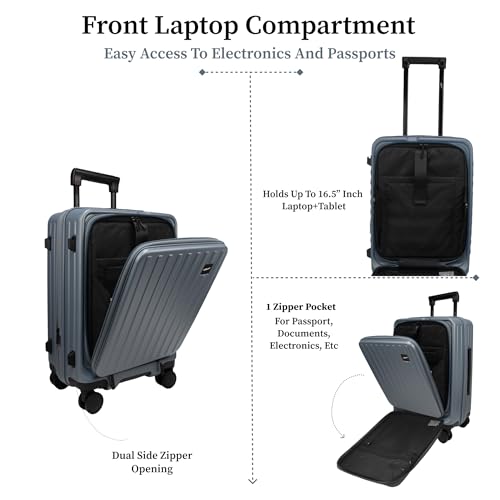 Image of F Gear Montreal Small Cabin Pro 54cm German Polycarbonate Hard Luggage |8 Japanese Hinomoto Silent Wheels|USB & Type-C Charging | Front Opening Suitcase for Travel (Stone Blue)