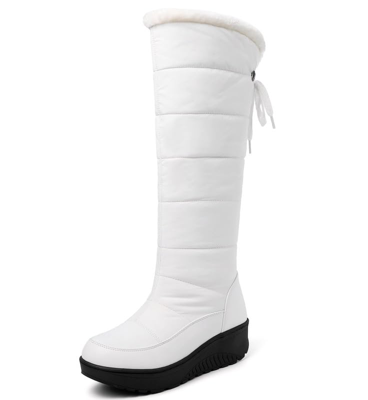 JIEEMESynthetic+ Space Cotton Women's Knee High Snow Boots Round Toe Lacing Flat with Handmade Long Shaft Winter Boots zhx-1321, White, 9 UK