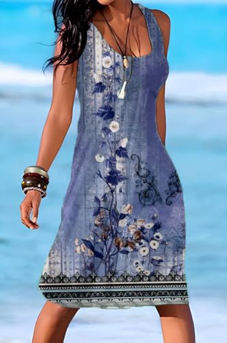 Image of Camisunny Women Casual Loose Tank Dresses Sleeveless Beach Vacation Dress Swing Pleated U Neck Fashion Soft
