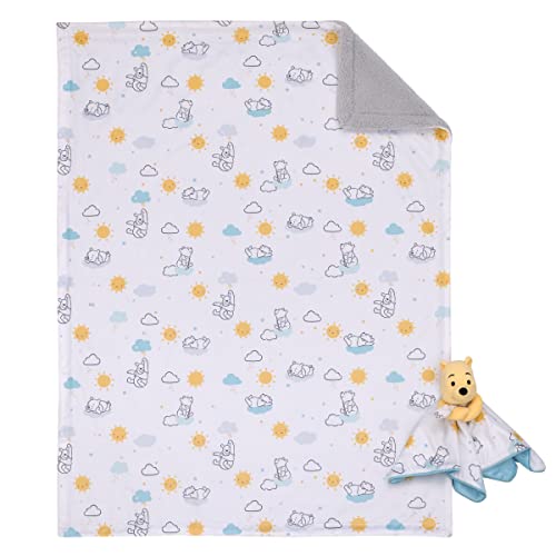 Image of Disney Winnie The Pooh White, Yellow, and Aqua Sunshine and Clouds Super Soft Sherpa Baby Blanket and Security Blanket 2-Piece Set