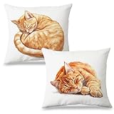 Exqcom Ginger Cat Pillow Covers 18x18 Set of 2, Cat Lovers Mom Lady Gifts, Watercolor Sleeping Orange Tabby Kitty Throw Pillow Covers for Kids Room Home Living Room Bedroom Sofa Couch