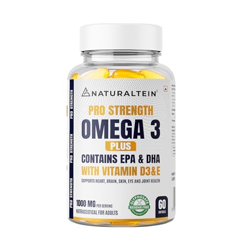 Image of NATURALTEIN Pro Strength Omega 3 Plus Fish Oil 1000mg with EPA 180mg & DHA 120mg | Enriched with Vitamin D3 & Vitamin E | Supports Heart, Brain, Skin, Eye & Joint Health | Heavy Metal Tested | 60 Softgels
