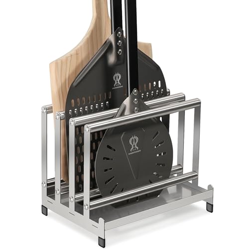 SHANGPEIXUAN Pizza Peel Rack Stainless Steel With Non-Slip Feet Pizza Turning Peel Pizza Paddle Holder Rack 4 Available Slots Organizing and Saving Space, No Pizza Oven Tools, silver