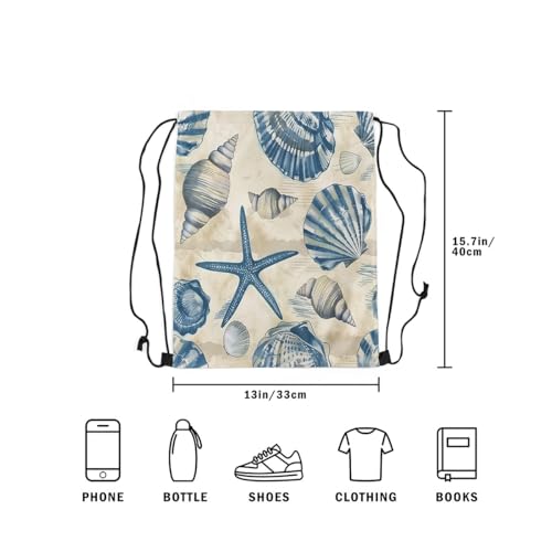Image of jejeloiu Nautical Drawstring Backpack 13x15.7inch Ocean Theme Seashell Waterproof Gym Drawstring Bags Tropical Beach Sports String Backpack Beach Swim Travel Bag Sackpack