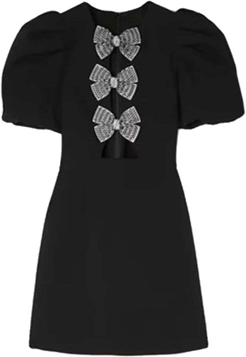 Women's Crystal Bow Decorated Mini Skirt Puff Sleeve Summer Chic Black Casual Dress