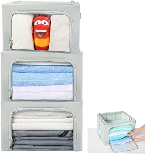 HOUSE AGAIN 3Pcs Clothes Storage Bins, Stackable Storage Bins/Bags/Boxes, Closet Organizers and Storage, Shelf Storage Bins, Metal Frame, Clear Front and Durable Zipper, Bedding, Blankets, Grey(36L)