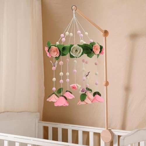 Image of Flower Mobile for Crib - a Beautiful Felted Rose Mobile with Butterfly Detail on Green Leaves to go with Butterfly Nature and Floral Baby Nursery Decor