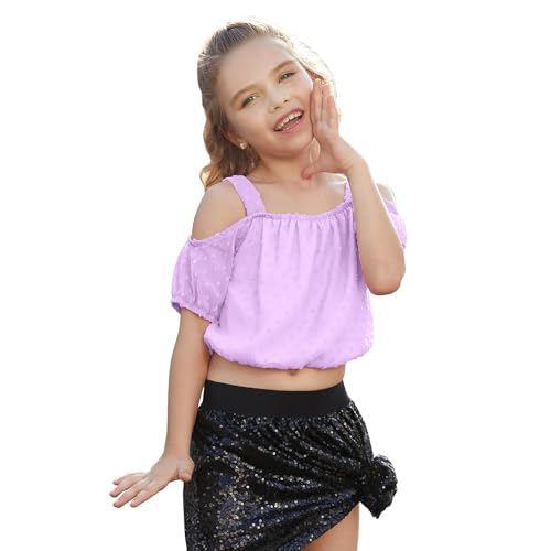 Perfashion Girls Puff Short Sleeve Corp Tops Cold Shoulder Shirts swiss dot chiffon blouse for 4-13 Years