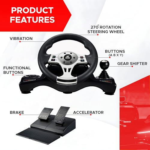 Image of Ant Esports GW190 Racing Steering Wheel with Pedals & Shifter, 270 Rotation, Universal USB, Compatible with PC, PS4, PS3, Xbox One, Xbox Series X /S, Nintendo Switch & Android TV (Black /Silver)