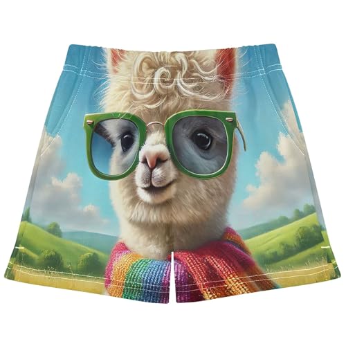 Girls Athletic Lounge Shorts Cool Alpaca Glasses Rainbow Print Comfy Pajama Summer Clothes for Teens Kids, X-Small