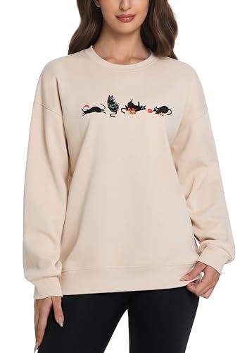 ZAOTIFY Christmas Embroidered Sweatshirt Black Cats Santa Hat Holiday Lights Oversized Pullover Unisex Gift for Men and Women