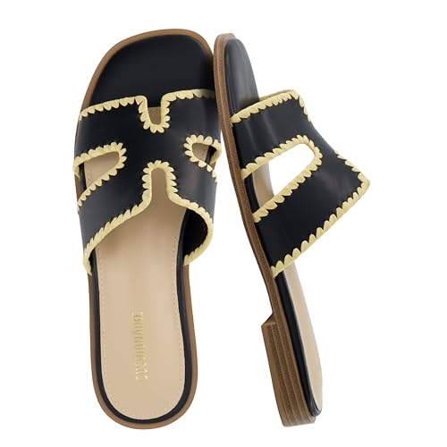 Image of CUSHIONAIRE Voyage Cutout Strap Slides for Women, Slip On Summer Flats, Trendy Footwear, Memory Foam Vegan Leather Comfortable Vacation Style Sandals