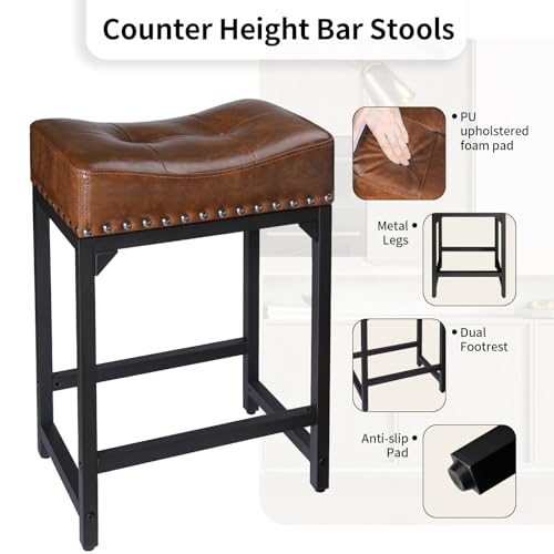 Image of Bar Stools Set of 3, Counter Height Bar Stools for Kitchen Counter, 24 Inch Saddle Backless Barstools Kitchen Stool, Counter Height Stool for Dinning Room, Island-Brown