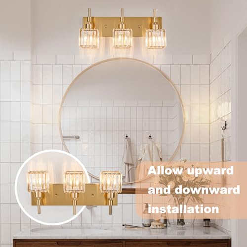 Image of Gold Vanity Light 3-Lights Crystal Bathroom Lighting Fixtures Over Mirror Modern Bathroom Light Fixtures with Crystal Square Shade