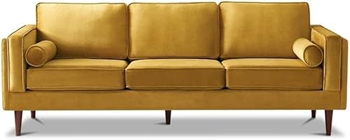 Hudson Living Room - Sofá moderno de terciopelo con respaldo de almohada de mediados de siglo, color amarillo oscuro