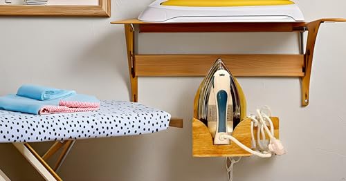 Image of Wooden Iron Stand & Press Rest Combo | Premium Wall Mounted Electric Iron Holder with Hot Ir0n Rest Heat Resistant Ironing Pad.