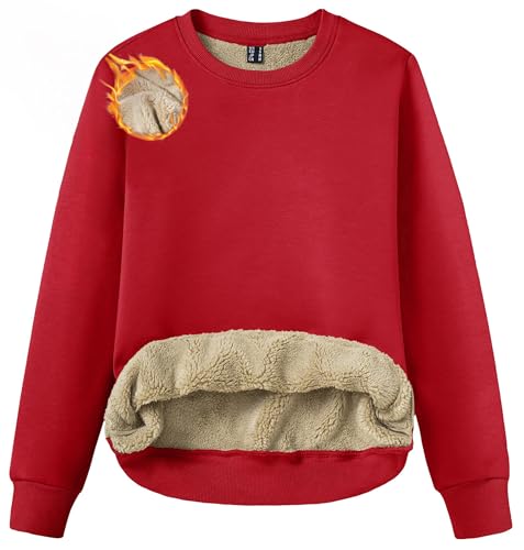 Image of TACVASEN Women's Long Sleeve Tops Casual Crewneck Pollover Winter Sherpa Fleece Sweatshirt Red