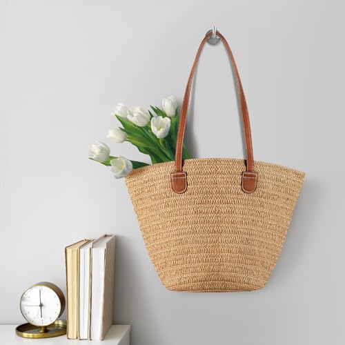 Image of Pleneal Straw Beach Bags for Women - Women Beach Handmade Woven Tote Bag, Summer Mesh Hollow Shoulder Bag for Holiday