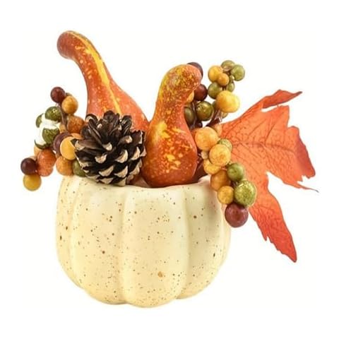 Greyghost 1 Pcs Pumpkin Decor,Thanksgiving Decorations for Indoor,Decorative Pumpkin with Maple Leaf and Berry for Harvest Fall Decor,Artificial Pumpkins Centerpiece for Table Decoration (C) Cover