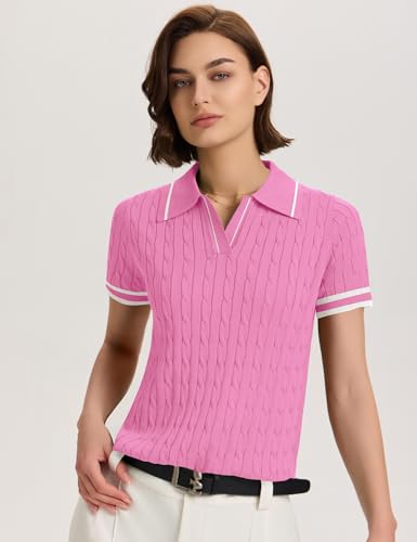 Image of Micoson Womens Short Sleeve Sweater Tops Lapel V Neck Polo Shirts 2026 Summer Cable Knit Loose Blouse Business Casual Outfits